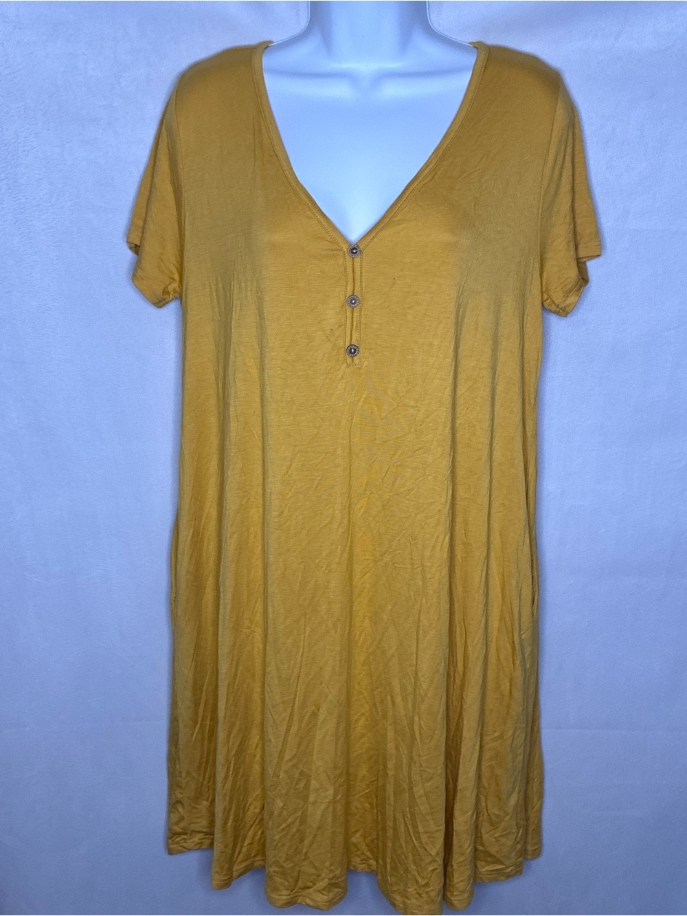 NWT Tres Bien Mustard Short Sleeve V-Neck Button Swing Tunic Dress or Top size L